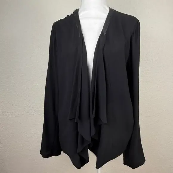 Eileen Fisher 100% Silk Crepe Leather Trim Jacket Black Button Sleeve Women’s XL - Picture 2 of 14